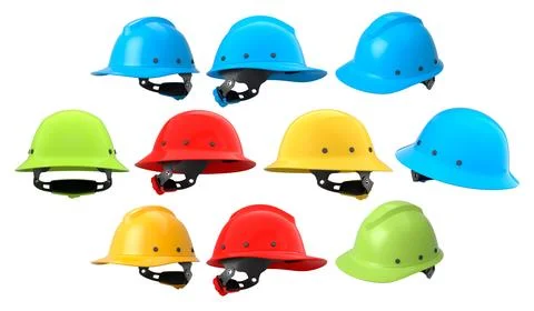 Set of construction safety helmets isolated on white transparent background,  Illustrazione stock