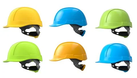 Set of construction safety helmets isolated on white transparent background,  Stock Photos