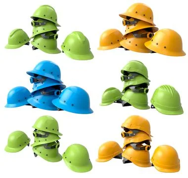 Set of construction safety helmets isolated on white transparent background,  Stock Photos