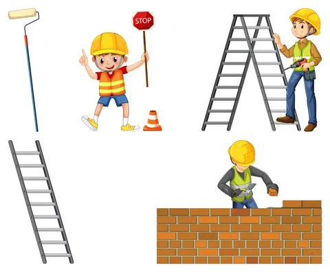 Set of construction site objects and workers イラスト素材