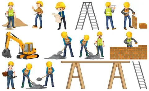Set of construction site objects and workers イラスト素材