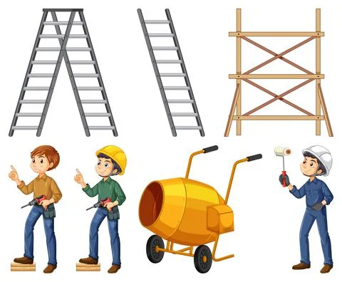 Set of construction site objects and workers Stock Illustration