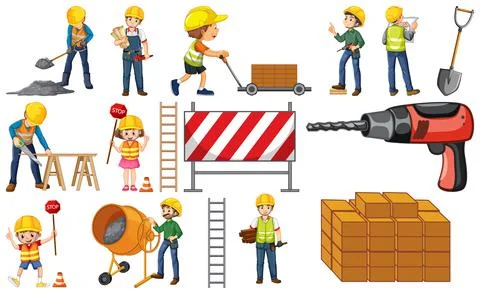Set of construction site objects and workers Stock Illustration