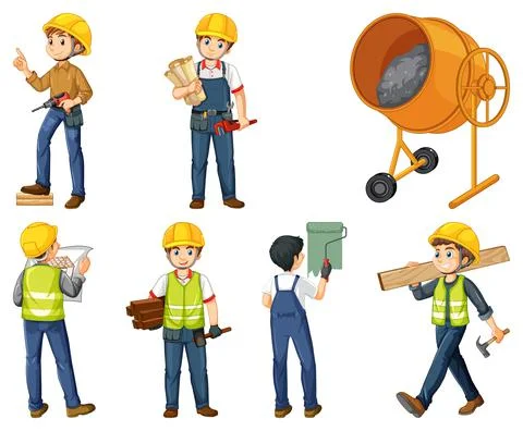 Set of construction site objects and workers Stock Illustration