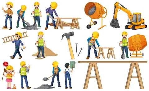 Set of construction site objects and workers Stock Illustration
