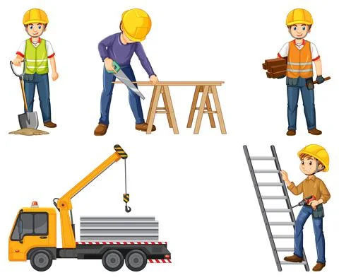 Set of construction site objects and workers Stock Illustration