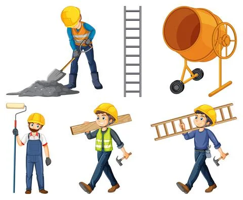 Set of construction site objects and workers Stock Illustration
