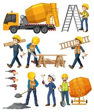Set of construction site objects and workers イラスト素材