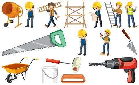 Set of construction site objects and workers イラスト素材