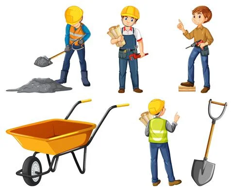 Set of construction site objects and workers Stock Illustration