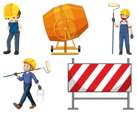 Set of construction site objects and workers Stock Illustration