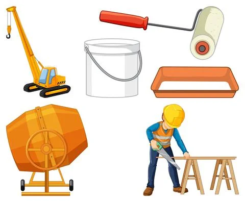 Set of construction site objects and workers Stock Illustration