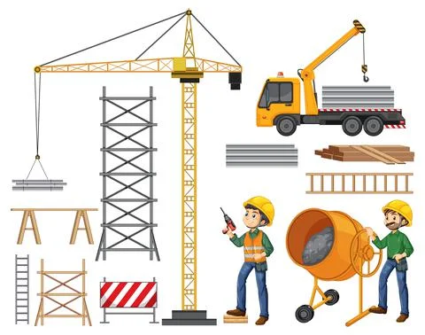 Set of construction site objects and workers. Stock Illustration