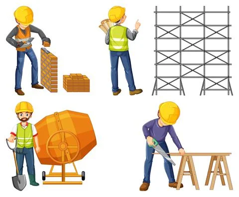 Set of construction site objects and workers Stock Illustration