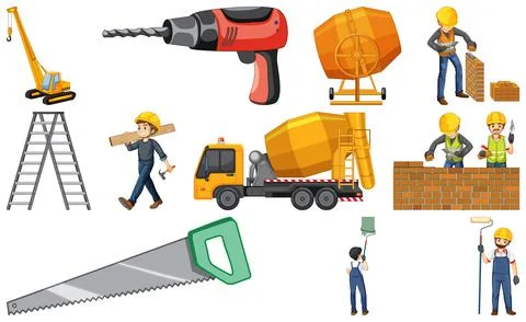 Set of construction site objects and workers Stock Illustration