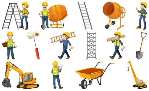 Set of construction site objects and workers Stock Illustration