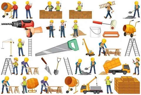 Set of construction site objects and workers Stock Illustration