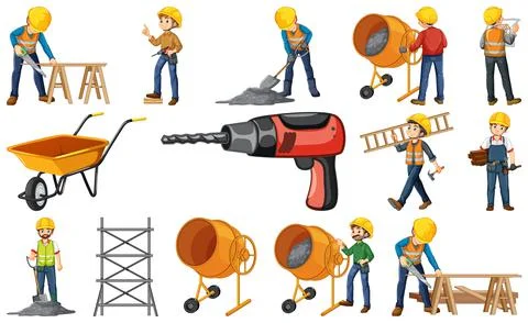 Set of construction site objects and workers Stock Illustration