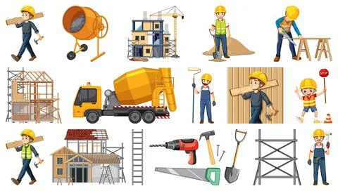Set of construction site objects and workers Stock Illustration
