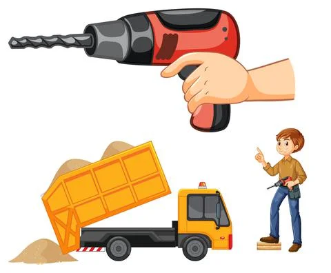 Set of construction site objects and workers Stock Illustration
