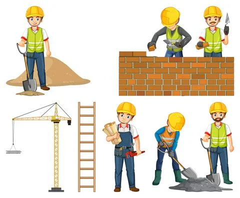 Set of construction site objects and workers イラスト素材