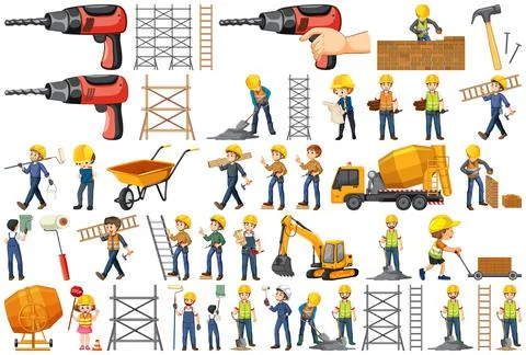 Set of construction site objects and workers Stock Illustration