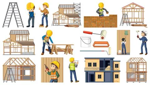 Set of construction site objects and workers Stock Illustration