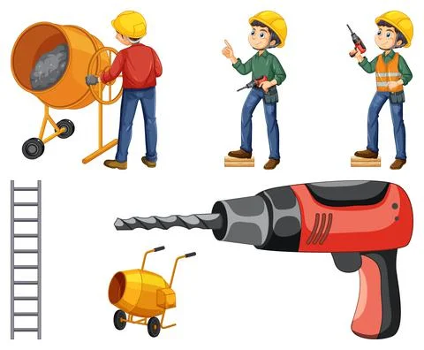 Set of construction site objects and workers Stock Illustration