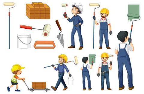Set of construction site objects and workers Stock Illustration