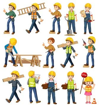 Set of construction site objects and workers 스톡 일러스트