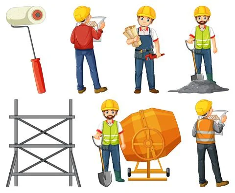 Set of construction site objects and workers Stock Illustration