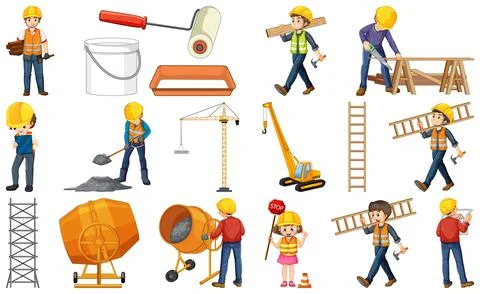 Set of construction site objects and workers Stock Illustration