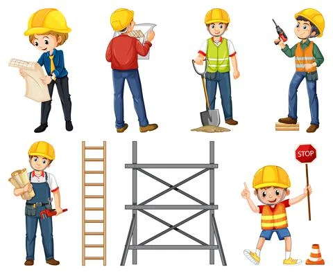 Set of construction site objects and workers Stock Illustration
