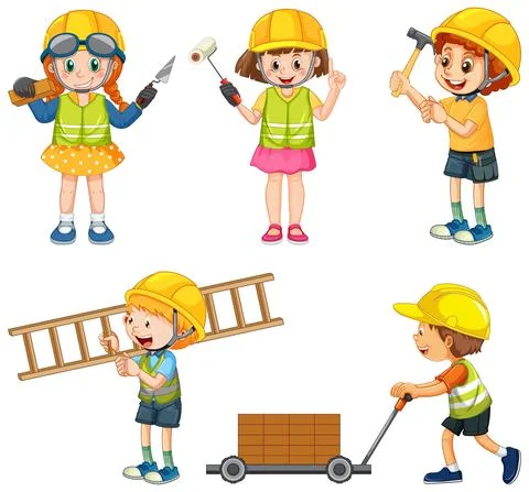 Set of construction site objects and workers イラスト素材