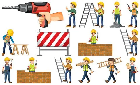 Set of construction site objects and workers Stock Illustration