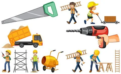 Set of construction site objects and workers Stock Illustration
