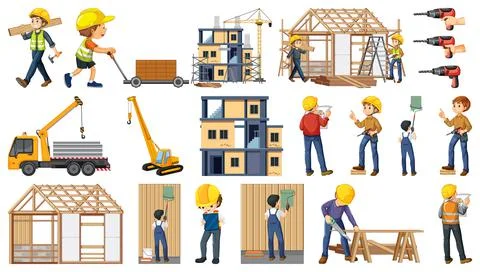 Set of construction site objects and workers イラスト素材