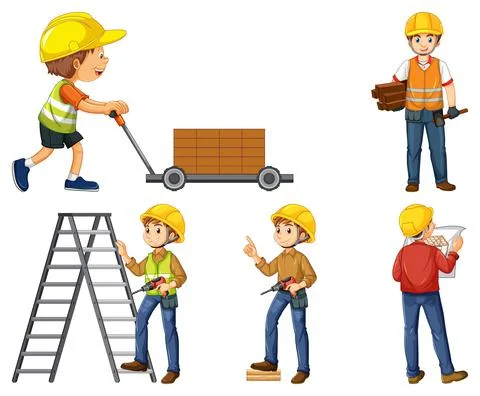 Set of construction site objects and workers Stock Illustration