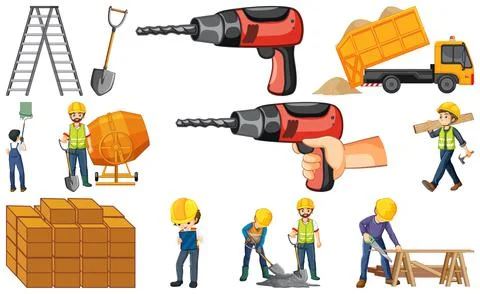 Set of construction site objects and workers イラスト素材