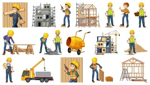 Set of construction site objects and workers イラスト素材