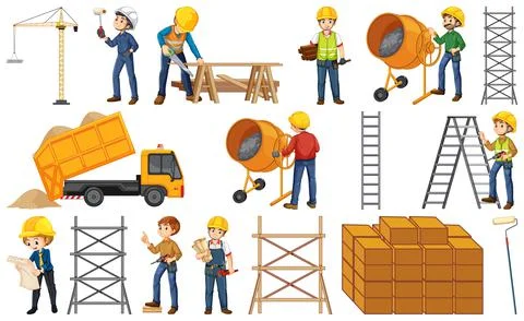 Set of construction site objects and workers Stock Illustration