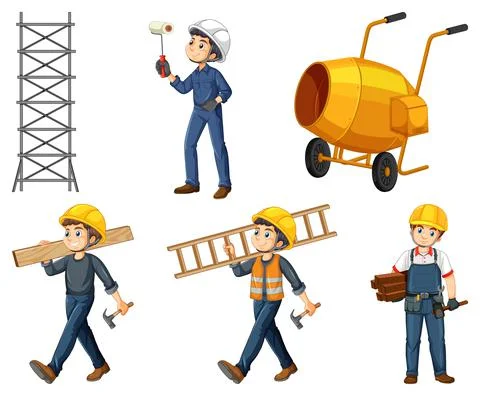 Set of construction site objects and workers Stock Illustration