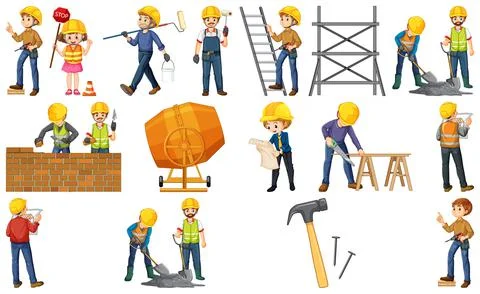 Set of construction site objects and workers イラスト素材