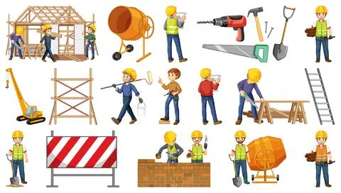 Set of construction site objects and workers 스톡 일러스트