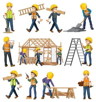 Set of construction site objects and workers Stock Illustration