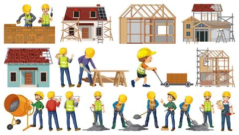 Set of construction site objects and workers 스톡 일러스트