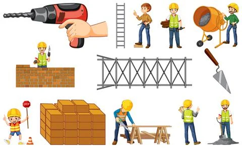 Set of construction site objects and workers イラスト素材