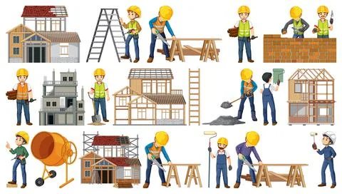 Set of construction site objects and workers イラスト素材