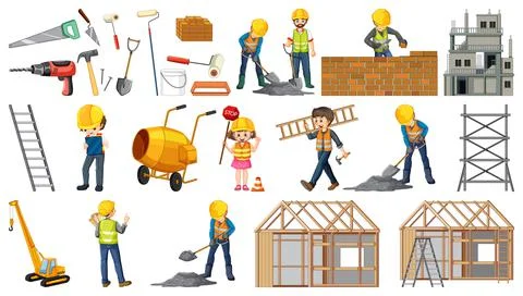 Set of construction site objects and workers イラスト素材