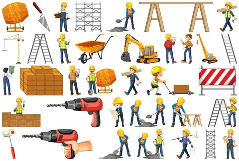 Set of construction site objects and workers Stock Illustration